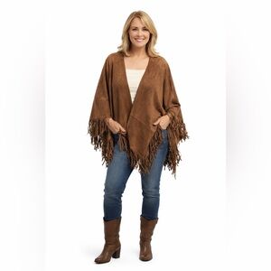 Alberto Makali One Size Brown Suede Tassel Fringe Boho Chic Poncho